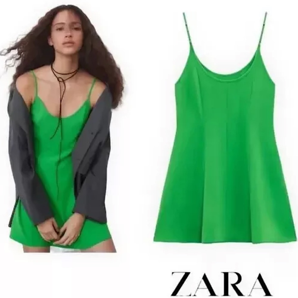☎️ Zara Neon Lime Green Adjustable Spaghetti Strap Mini Dress flow billow summer